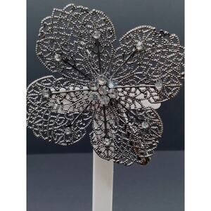 Metallic Rhinestone Flower Hair Clip Large Intricate Metal Work Gray Duckbill